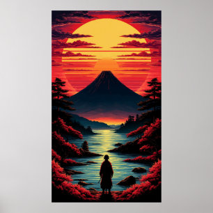 Póster Río al atardecer con volcán