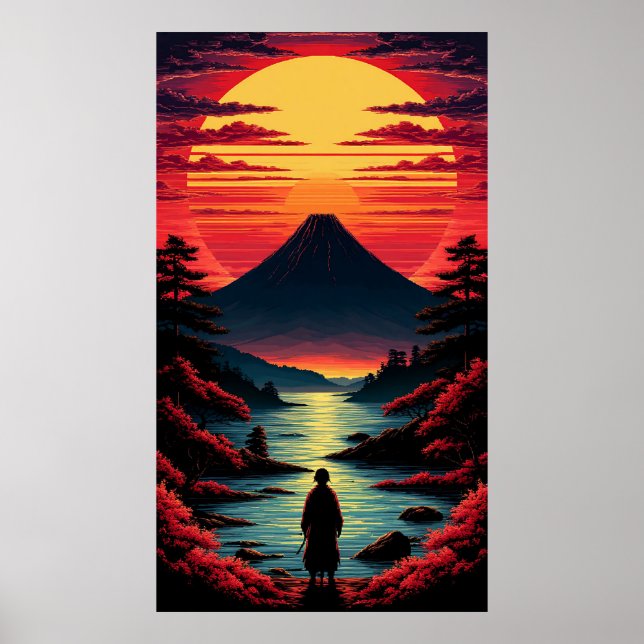 Póster Río al atardecer con volcán (Frente)
