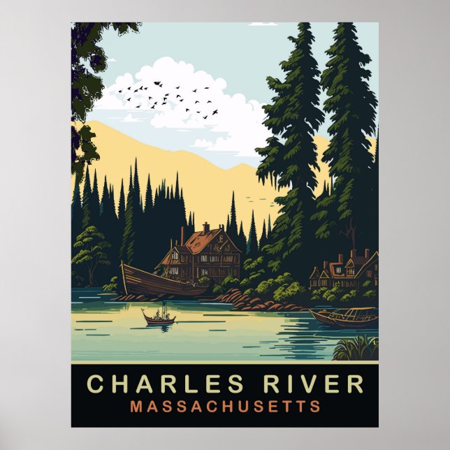 Póster Río Charles, MA, Viajes Antiguos (Frente)