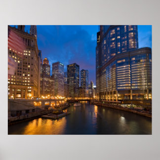 Póster Río Chicago de noche