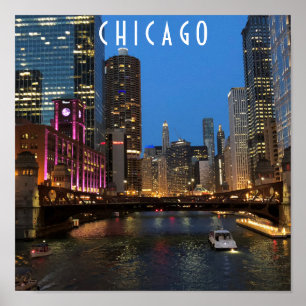 Póster Río Chicago de noche
