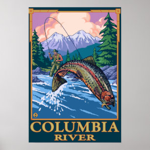 Póster Río Columbia, escena de pesca de vuelo de Washingt