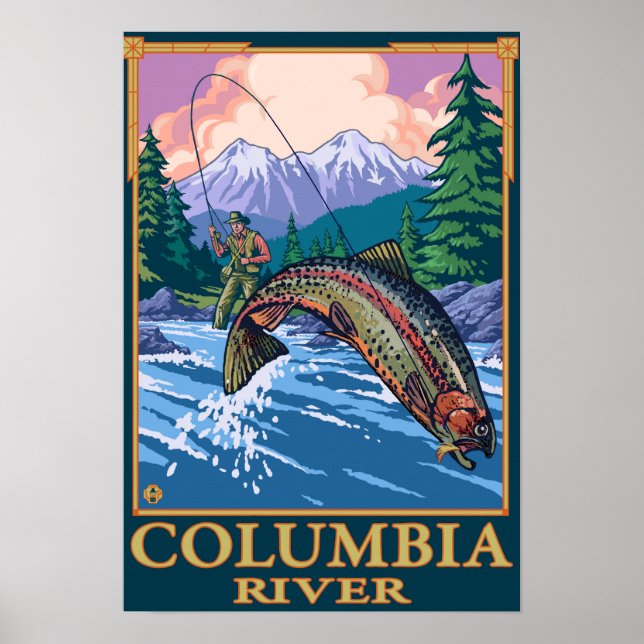 Póster Río Columbia, escena de pesca de vuelo de Washingt (Frente)