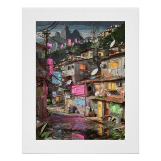 Póster Río de Janeiro futurista de día Neon Favela Stre
