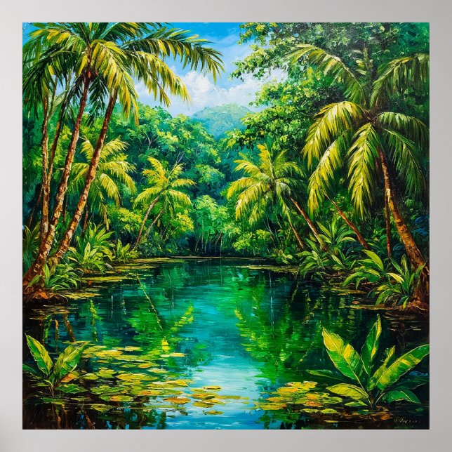 Póster Río de la Selva Tropical Rodeado de vegetación exu (Frente)