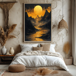 Póster Río dorado a la luz de la luna en monocromo dorado