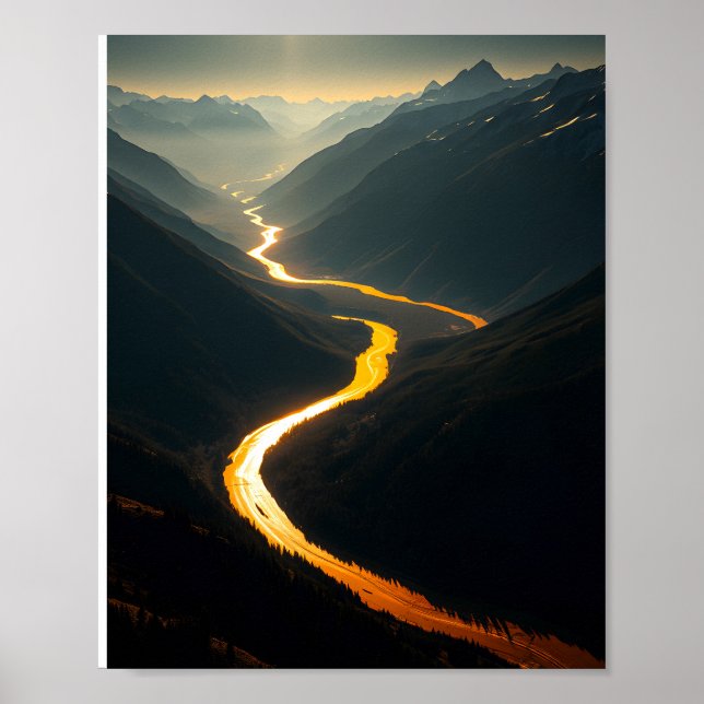 Póster Río Dorado al atardecer: Montaña Se (Frente)