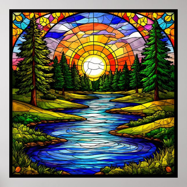 Póster Río en un bosque al atardecer (Frente)