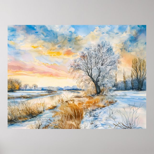 Póster Río Havel nevado con sauce. Acuarela (Frente)