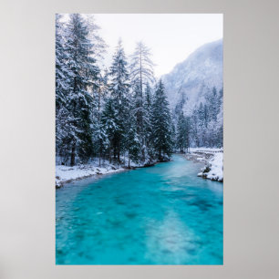 Póster Río mágico en bosque encantado de invierno