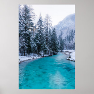 Póster Río mágico en un bosque de invierno encantado