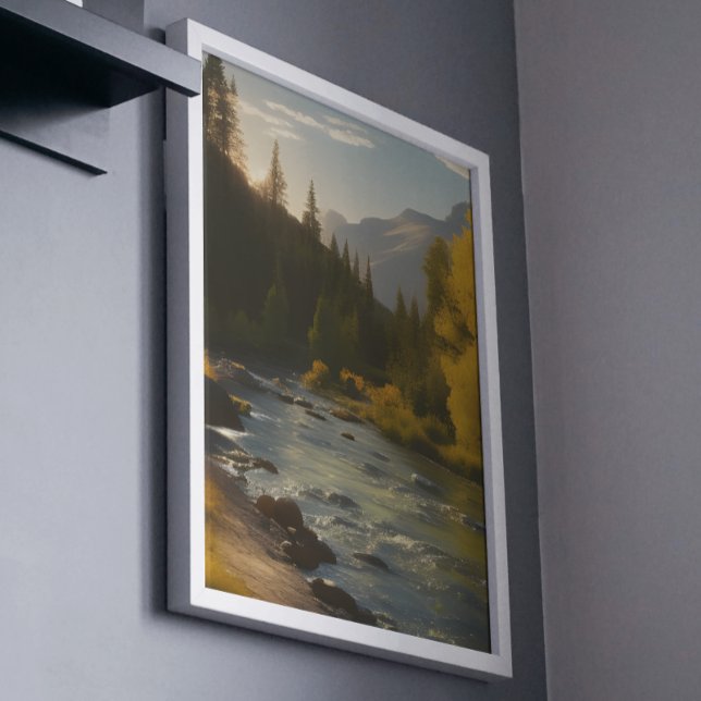Póster Río Montaña Sunlit Escenario (16x20 print framed as shown)