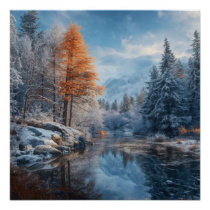 Póster Río nevado en bosque y montaña