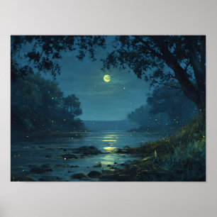 Póster Río nocturno encantado y paisaje de luciérnagas