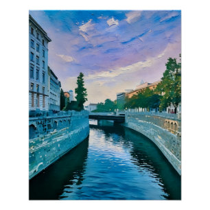 Póster Río panorámico a través de la ciudad al atardecer