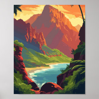 Póster Río Sunset Canyon - Montaña Retro Escenaria