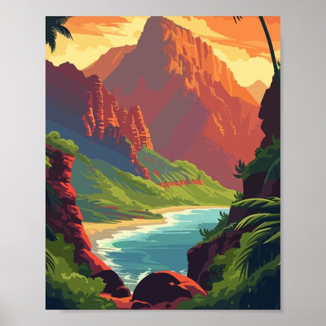 Póster Río Sunset Canyon - Montaña Retro Escenaria (Frente)