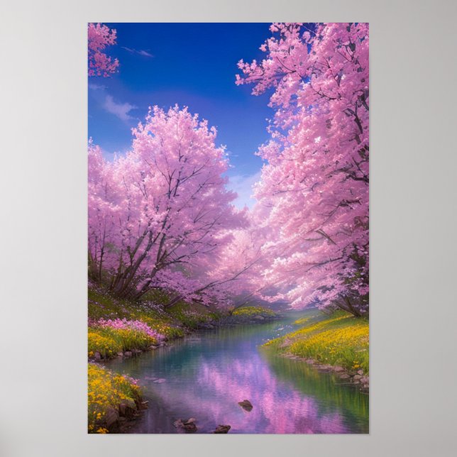 Póster Río tranquilo adorado por árboles de Sakura (Frente)