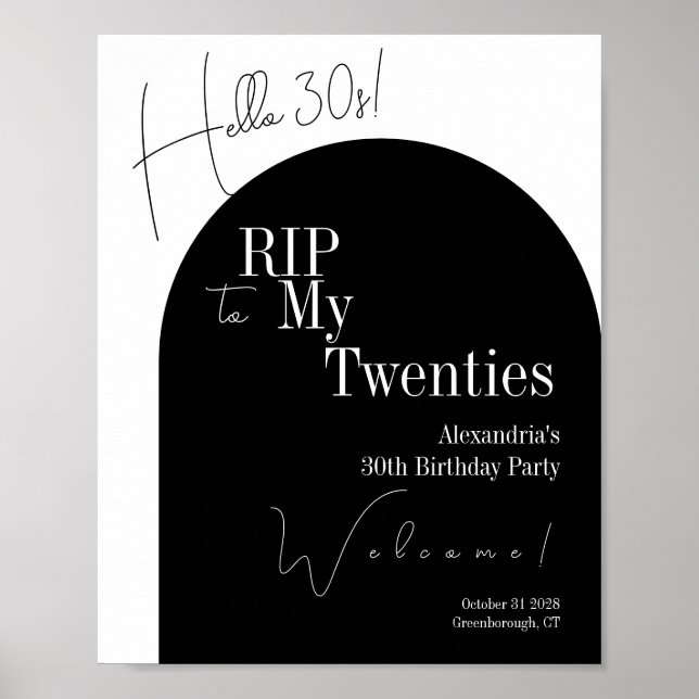 Póster RIP 20s Hola 30s Cumpleaños 30 Fiesta de bienvenid (Frente)