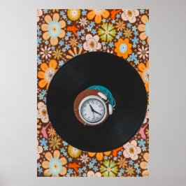 Póster Ritmo Groovy: Disco de vinilo y reloj despertador 
