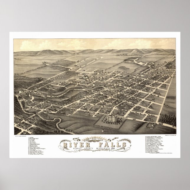 Póster River Falls, WI Panoramic Map - 1880 (Frente)