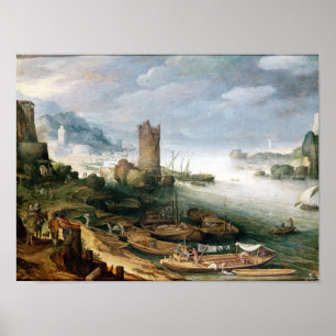 Póster River Scene with a Ruined Tower