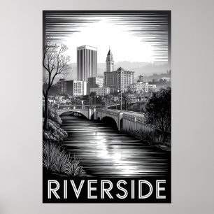 Póster Riverside California Grabado en Madera Blanco y Ne