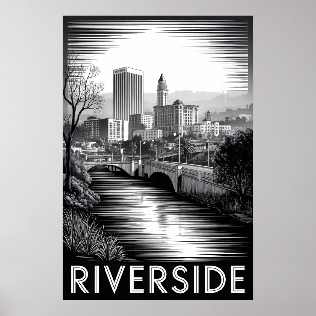 Póster Riverside California Grabado en Madera Blanco y Ne (Frente)