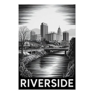 Póster Riverside California Grabado en Madera Blanco y Ne