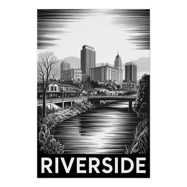 Póster Riverside California Grabado en Madera Blanco y Ne (Anverso)