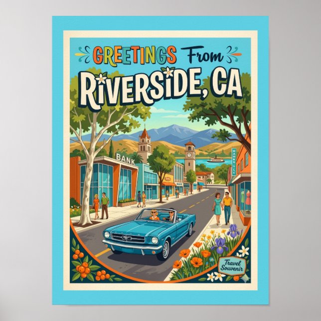 Póster Riverside California Saludos Estilo Retro (Frente)