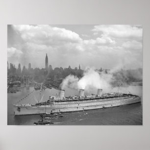 Póster RMS Queen Mary que llega en el puerto de Nueva