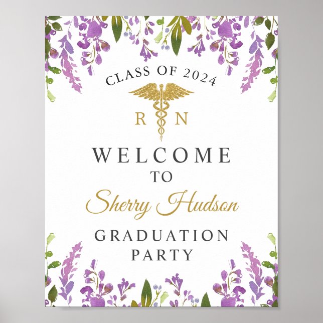 Póster RN Enfermería Graduación Bienvenida Floral Púrpura (Frente)