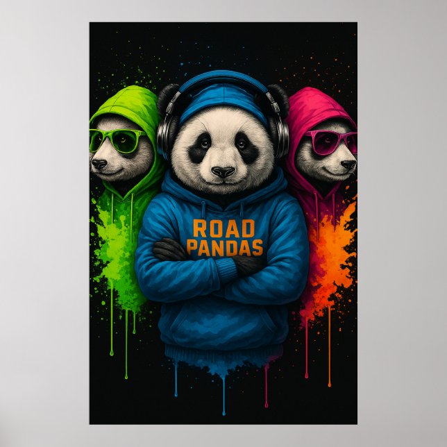 Póster Road Pandas Crew — Cool Urban Animal Art (Frente)
