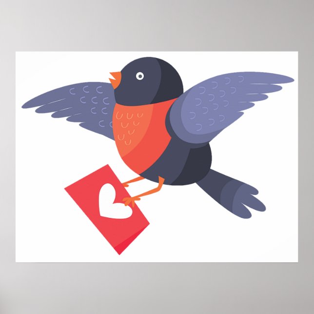 Póster Robin Bird Flying with Red Heart Love Letter (Frente)