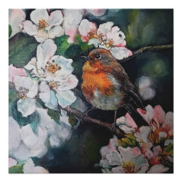 Póster Robin con flor de cerezo