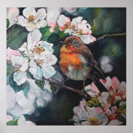Póster Robin con flor de cerezo