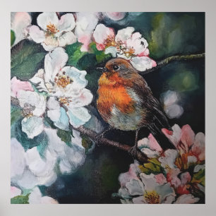 Póster Robin con flor de cerezo