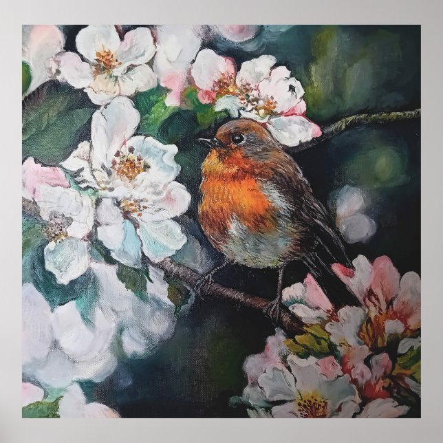 Póster Robin con flor de cerezo (Frente)