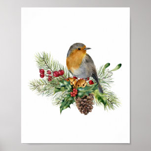 Póster Robin, pino, caramelos, Navidades de la poinsettia