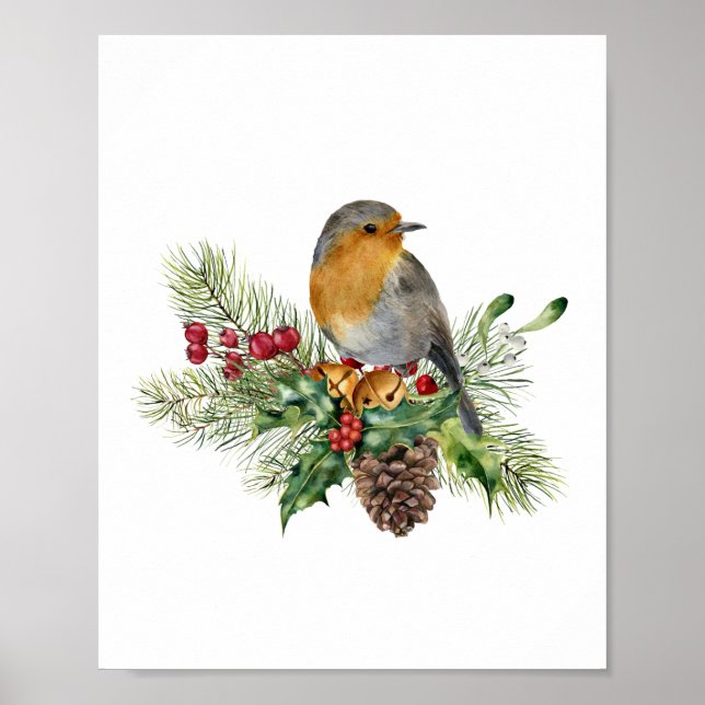 Póster Robin, pino, caramelos, Navidades de la poinsettia (Frente)