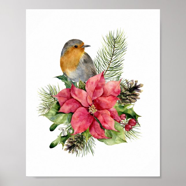 Póster Robin rojo, Poinsettia, pino, Navidades holgados (Frente)