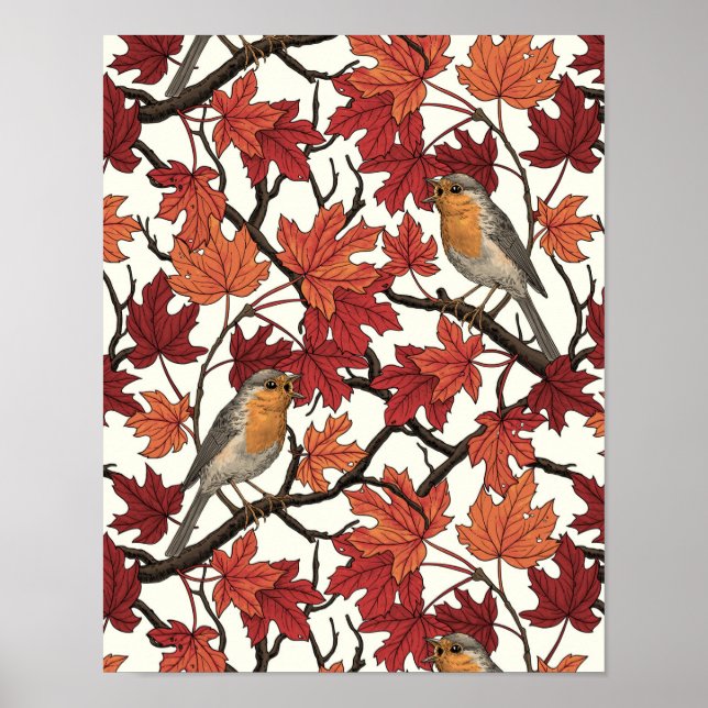 Póster Robins in maple tree on off white (Frente)
