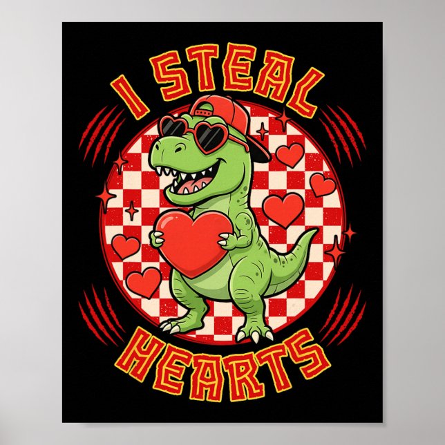 Póster Robo Corazones Dinosaurio de San Valentín Retro a  (Frente)