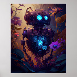 Póster Robot azul brillante y flores moradas