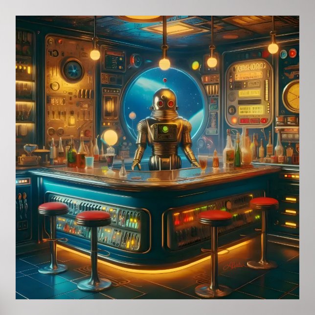 Póster Robot Bartender en el bar de buceo de la era espac (Frente)