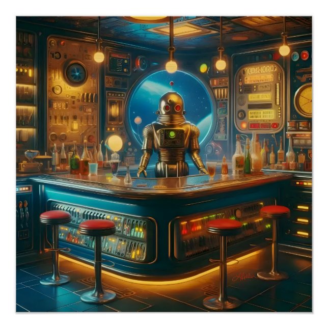 Póster Robot Bartender in Interstellar Space Age Dive Bar (Anverso)