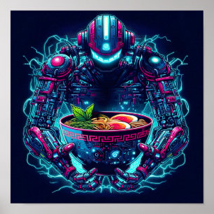 Póster Robot Cyberpunk Futurista Comida Ramen Neon