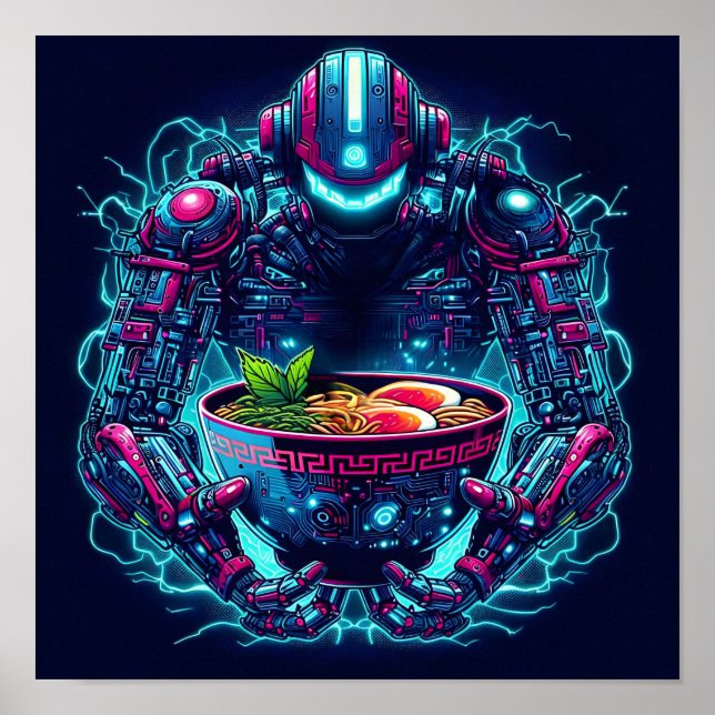 Póster Robot Cyberpunk Futurista Comida Ramen Neon (Frente)