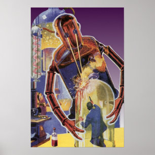 Póster Robot de ciencia ficción vintage con ojos de haz l